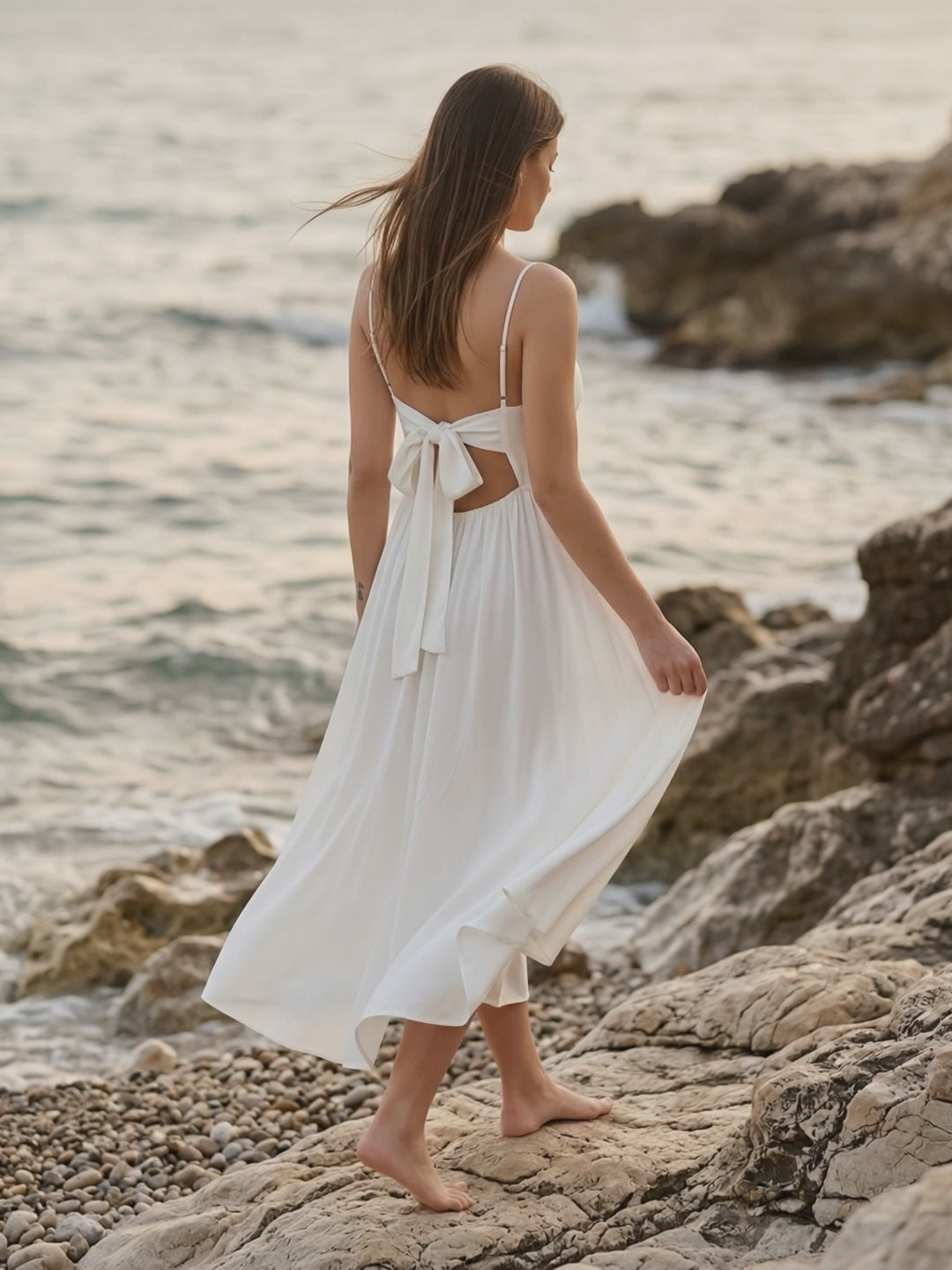 walking bare foot on the rocks by the sea with doris white summer dress