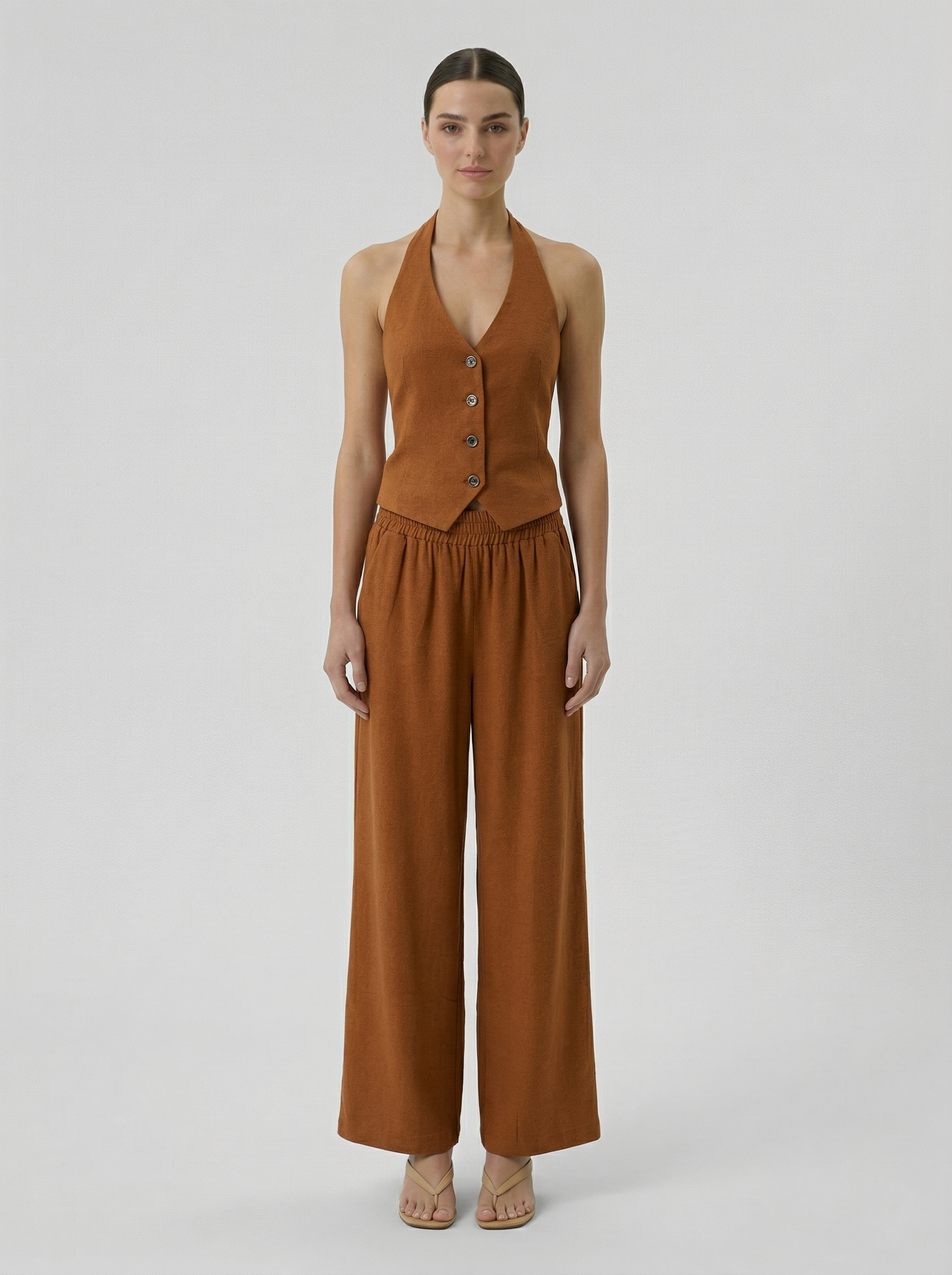 Porto cinnamon brown linen blend wide leg pants