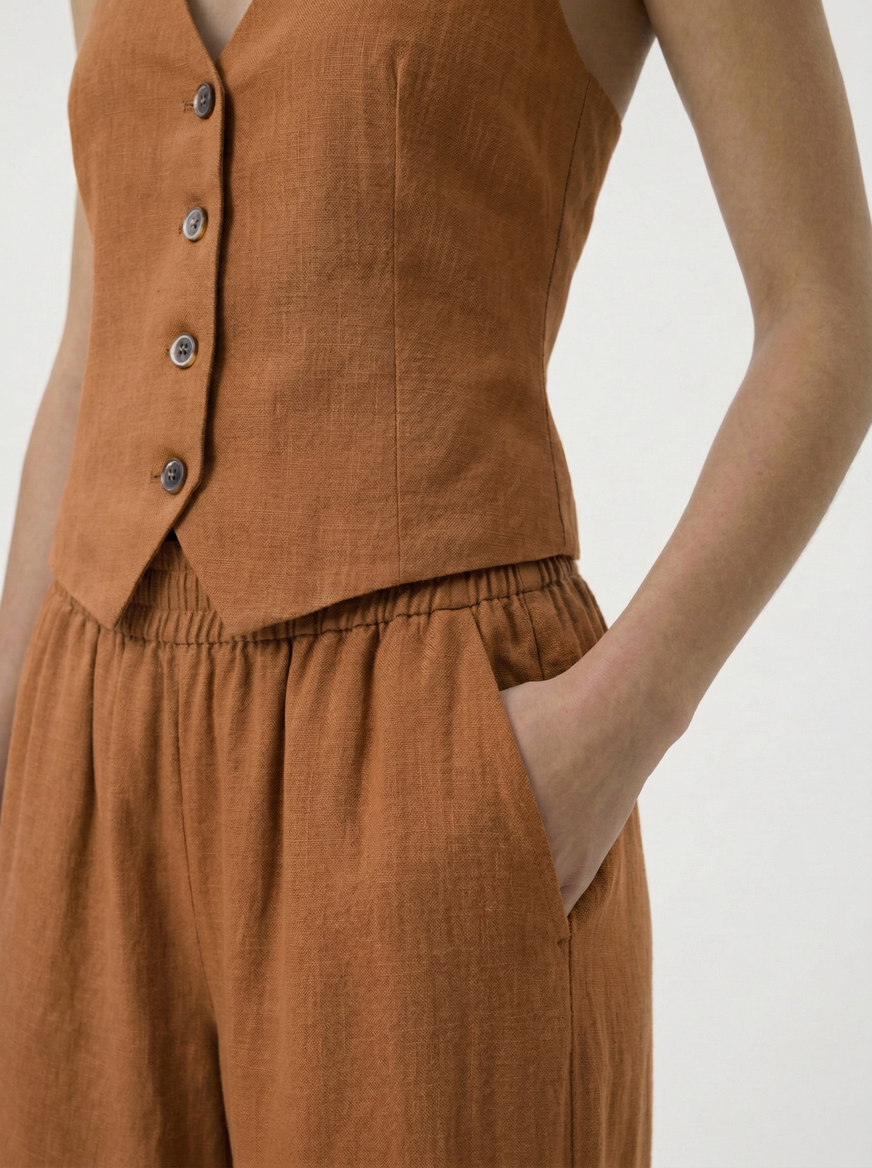 Porto cinnamon brown linen blend elastic pants