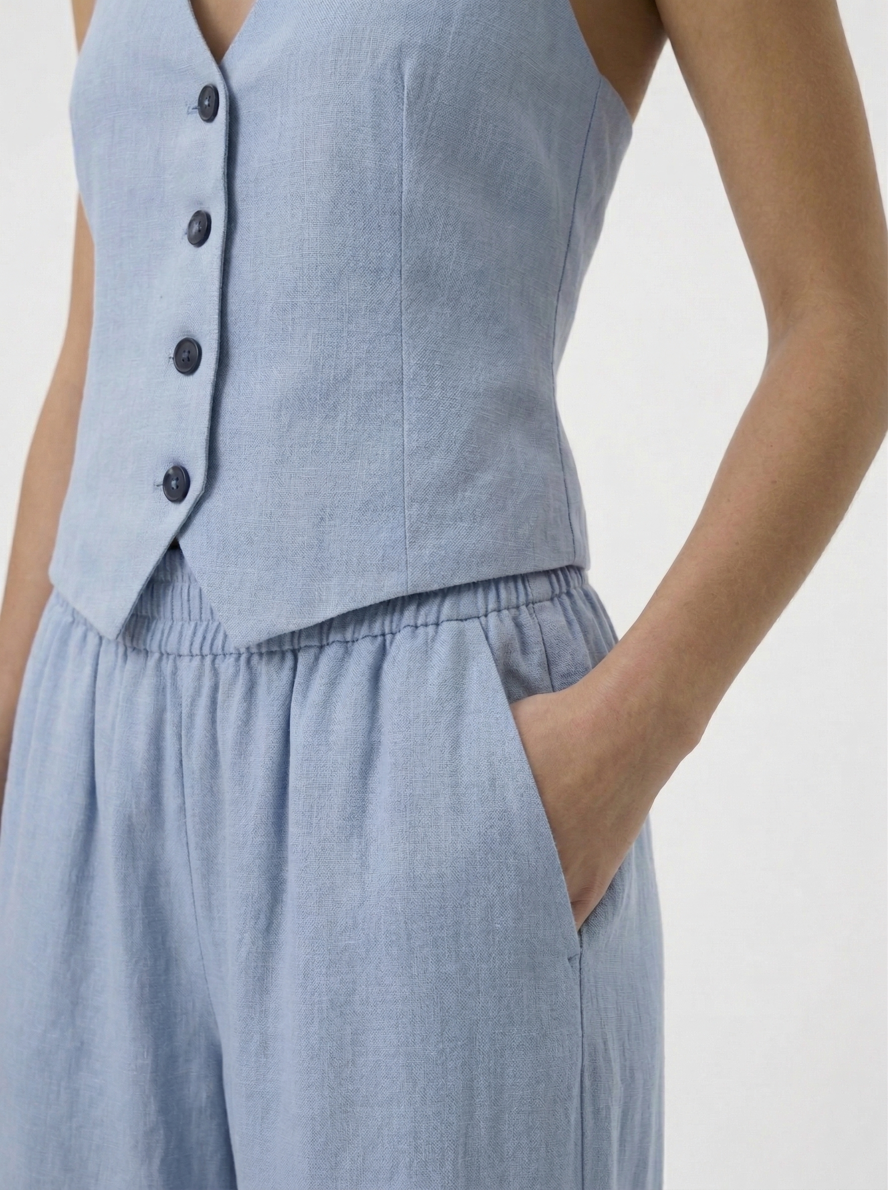 Porto ice blue linen blend pants side fit detail