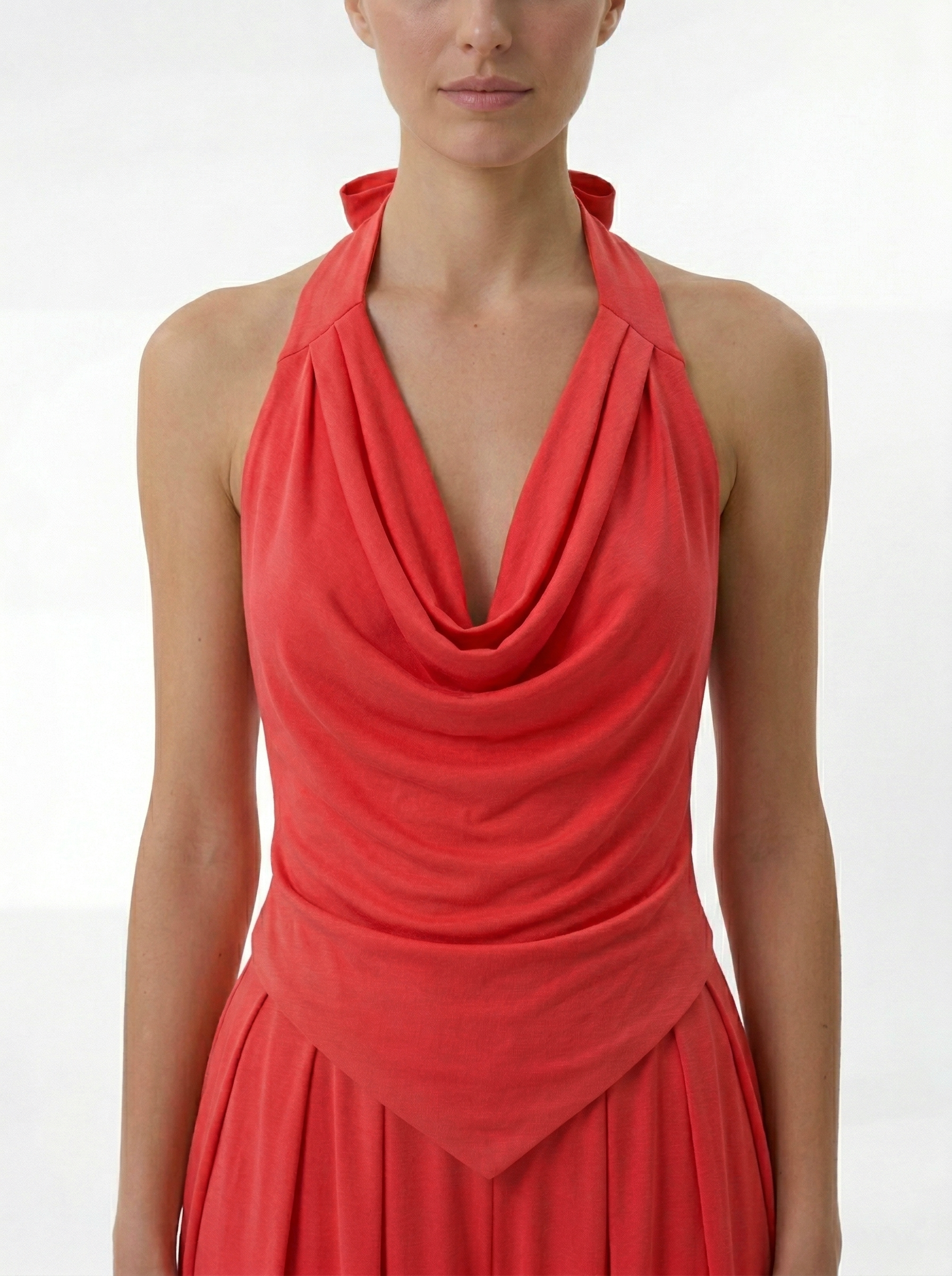 Red draped halter neck top with soft cowl neckline detail