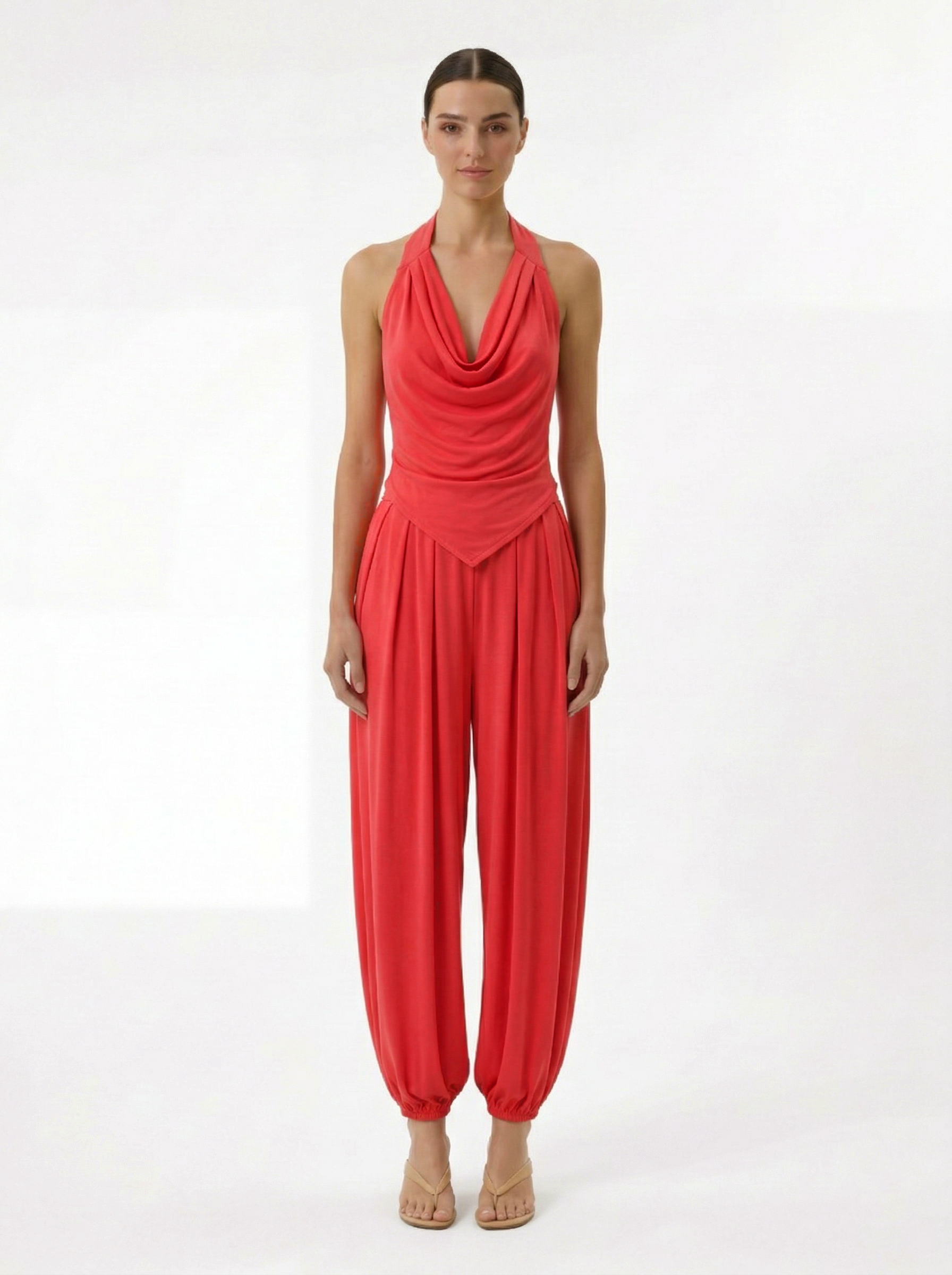 Red modal draped harem pants with elastic waist front view
