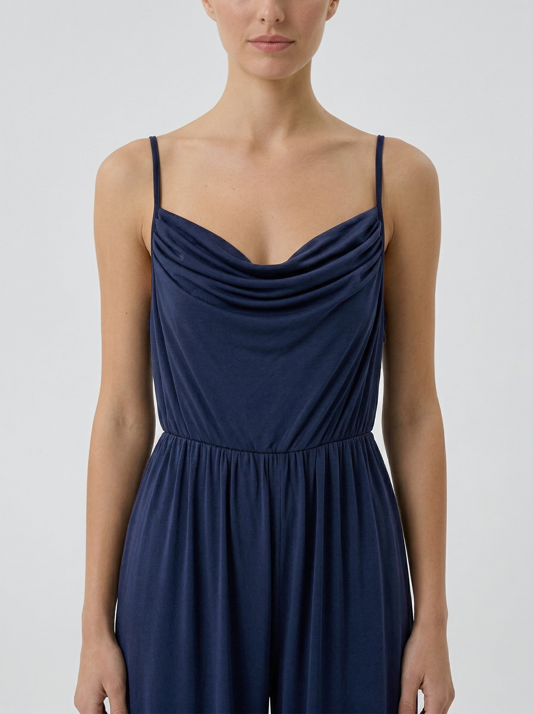 Navy modal jumpsuit draped cowl neckline detail