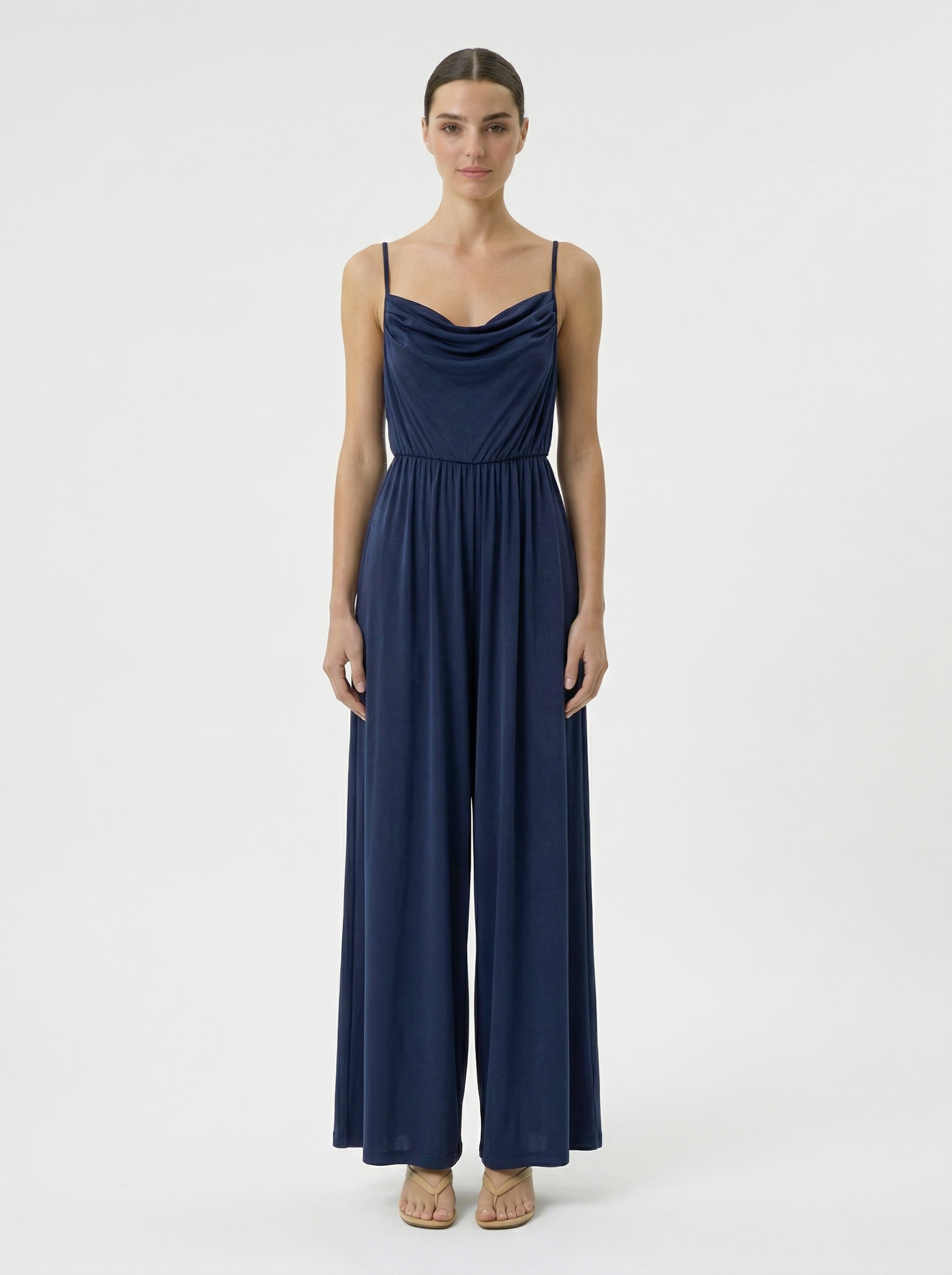Navy modal wide leg jumpsuit with draped cowl neckline front view