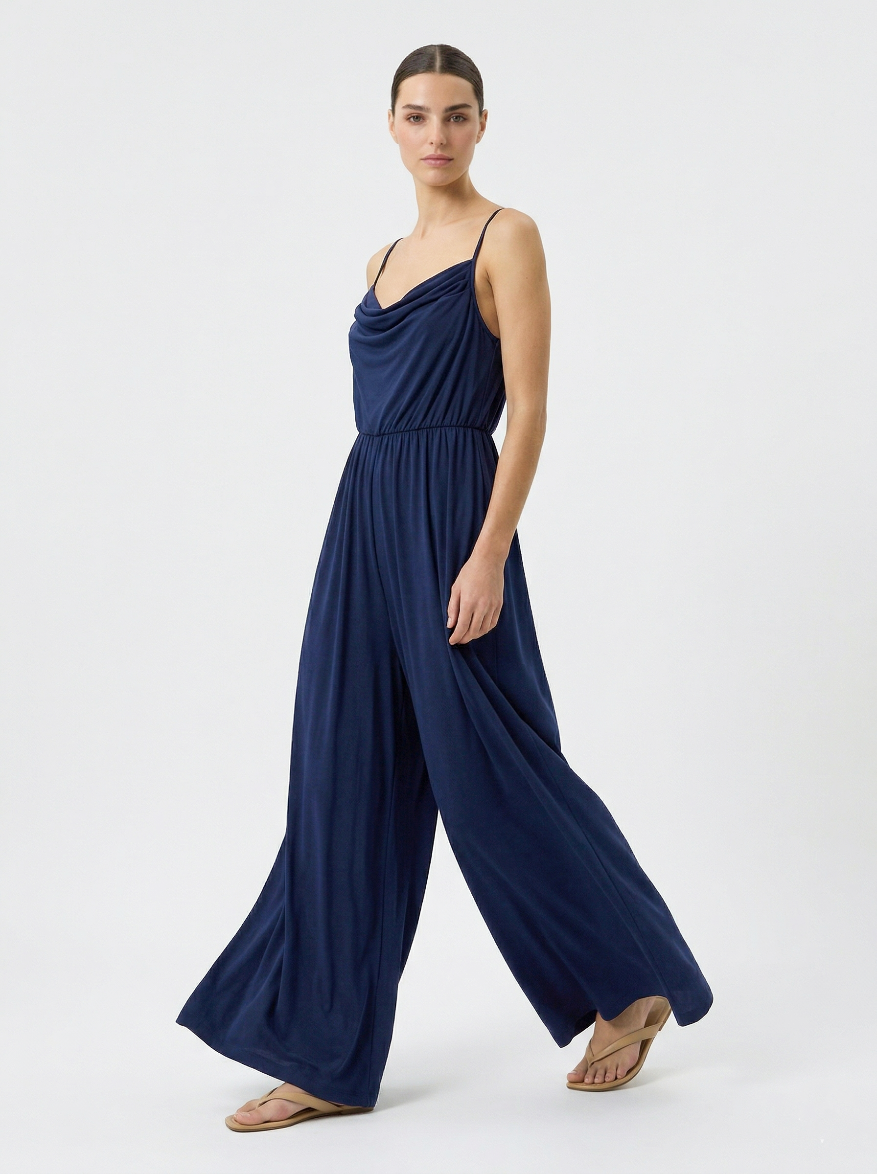 Navy modal wide leg jumpsuit flowy silhouette side view